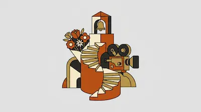 Flat illustration of a spiral staircase leading to a bell tower, with a vintage film camera and a bouquet of flowers
