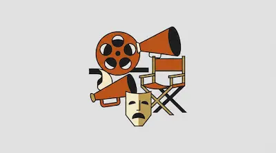 Flat illustration of cinema icons including a film reel, megaphones, a director chair, and a tragedy mask