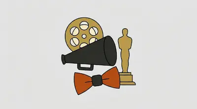 Flat illustration of a film reel, a black megaphone, a gold trophy, and an orange bow tie on a gray background