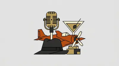 Flat illustration of a vintage microphone, a black fedora hat, a martini glass, and a propeller plane on a gray background