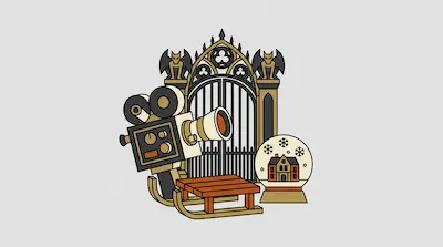 Flat illustration of a vintage movie camera, a wooden sled, a snow globe, and a gothic gate on a light gray background