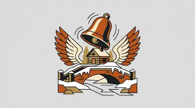 Flat illustration of a ringing bell with wings above a snowy cabin and a stone bridge on a light grey background