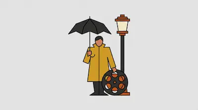 Flat illustration of a man in a yellow coat holding a black umbrella and a film reel next to a street lamp