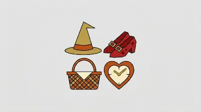 Flat illustration of a pointed hat, red shoes, a wicker basket, and a heart-shaped clock on a light grey background