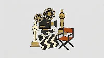 Flat illustration of a vintage film camera, two gold trophies, a clapperboard, and a director chair on a gray background