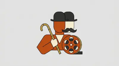 Flat illustration of a man in a bowler hat holding a cane and a film reel, using a minimalist orange and cream palette