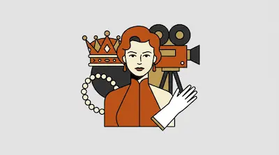 Flat illustration of a woman with red hair, a gold crown, a movie camera, and a pearl necklace on a gray background