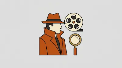 Flat illustration of a detective in a brown trench coat and hat next to a film reel and a magnifying glass.