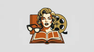 A woman with curled blonde hair behind an open book, with a closed book, a pair of cat-eye glasses, and a film reel around her.