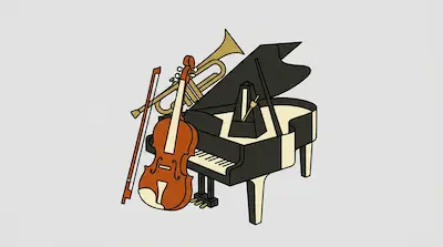 A grand piano, violin, trumpet, and metronome are grouped together.