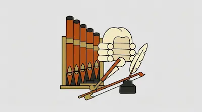A collection of objects including organ pipes, a powdered wig, a quill pen in an inkwell, and a violin bow.