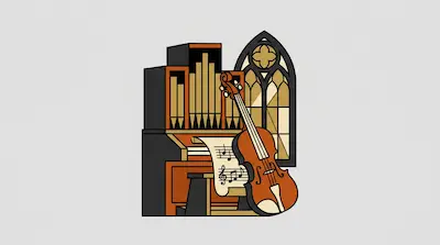 A pipe organ, a violin, and sheet music are arranged in front of a gothic-style window.