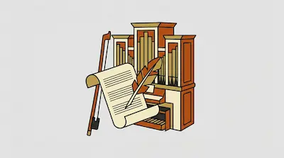 A pipe organ, a musical scroll with a quill pen, and a violin bow.