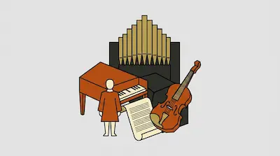 A small figure stands among a harpsichord, a violin, a scroll of sheet music, and organ pipes.