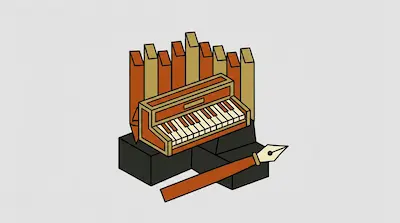 An isometric pipe organ and a fountain pen in shades of orange, tan, and black.