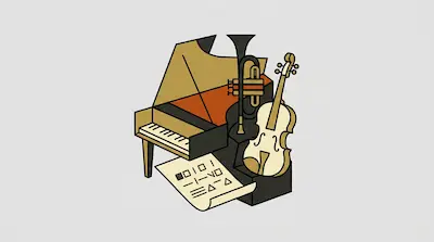 A piano, trumpet, and violin are grouped together with a sheet of music featuring abstract geometric symbols.