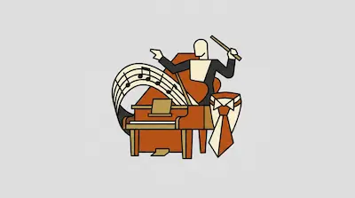 A stylized conductor holding a baton stands behind a grand piano with a staff of musical notes and a necktie.