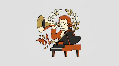 A man with a powdered wig sits at a piano and holds a large ear trumpet to his ear while a jagged shape emerges from the instrument.