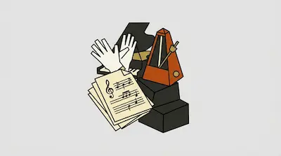 A grand piano, a metronome, sheet music, and a pair of white-gloved hands.