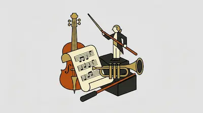 A cello, sheet music, a trumpet, and a conductor figure holding a long baton.