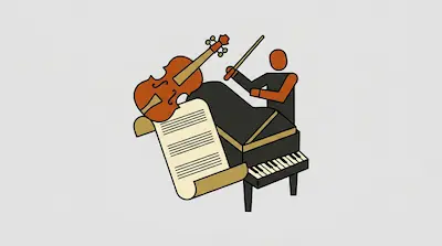 A violin, a grand piano, and a sheet of music are arranged with a stylized figure holding a baton.