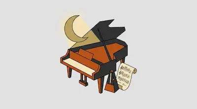 A grand piano illuminated by a beam of light from a crescent moon, with a metronome and sheet music nearby.