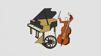 A grand piano, a French horn, and a person playing a double bass.