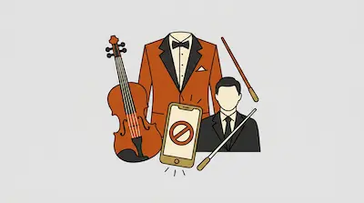 A violin, a tuxedo, a conductor holding a baton, and a smartphone with a "no" symbol on its screen.