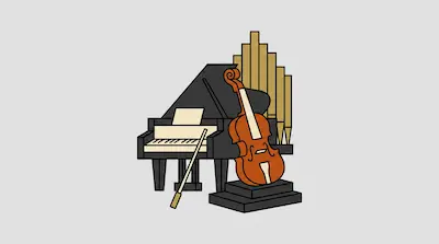 A grand piano, a cello, a conductor's baton, and organ pipes are grouped together.
