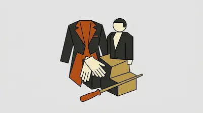 A tuxedo tailcoat, white gloves, a small suited figure, and a screwdriver are arranged with several boxes.