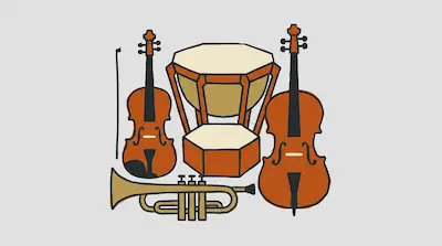 A collection of musical instruments including a violin, cello, trumpet, and drums.