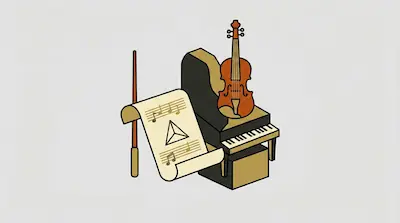 A violin rests on a piano next to a scroll with musical notes and a conductor's baton.