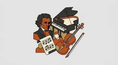 Flat illustration of a composer bust, a grand piano, a cello, and sheet music with notes on a gray background