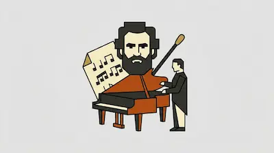 Flat illustration of a man playing a grand piano next to a large bearded face and sheet music on a gray background
