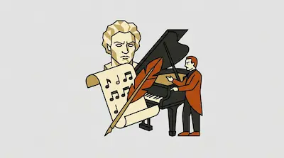 Flat illustration of a man playing a grand piano next to a large bust, a quill, and a sheet of music notes