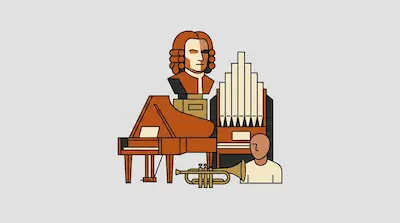 Flat illustration of a classical composer bust, a grand piano, and a pipe organ on a light gray background