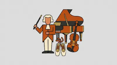 Flat illustration of a conductor with a baton, a grand piano, a violin, and ballet shoes on a gray background