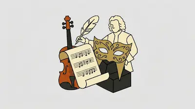 Flat illustration of a composer with a quill, a violin, sheet music, and a masquerade mask on a gray background