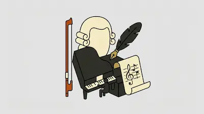 A powdered wig, a grand piano with a small figure playing it, a quill pen, sheet music, and a violin bow.