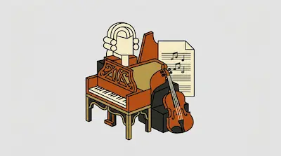 A harpsichord, a violin, a sheet of music, and a bust with a powdered wig.