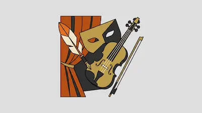 An orange theater curtain, a quill pen, a tan mask, and a violin with a bow.