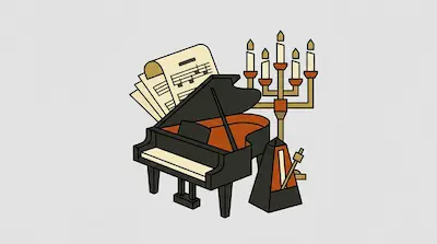 A grand piano with sheet music, a candelabra, and a metronome.