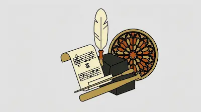 A quill pen, a sheet of music, a circular stained glass window, and wooden batons arranged together.