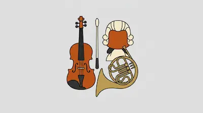 A violin, a conductor's baton, a bust with a powdered wig, and a French horn.