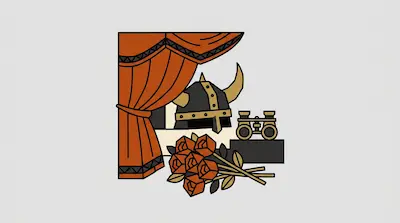 A Viking helmet, opera glasses, and a bouquet of orange roses are displayed next to a draped orange stage curtain.