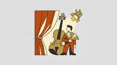 A person holding a fan stands next to a large string instrument on a stage with a curtain and a spotlight.