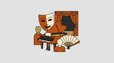 A grand piano is surrounded by a theater mask, stage curtains, a folding fan, and two simplified human figures.