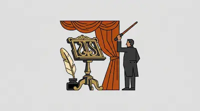 A man in a tuxedo holds a baton next to a music stand, a quill in an inkwell, and a draped orange curtain.