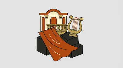 A classical building facade with a balcony, a gold lyre, and a draped orange cloth on dark gray blocks.