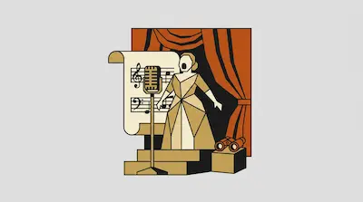 A stylized opera singer performs on a stage with a vintage microphone, a large musical scroll, and opera glasses.